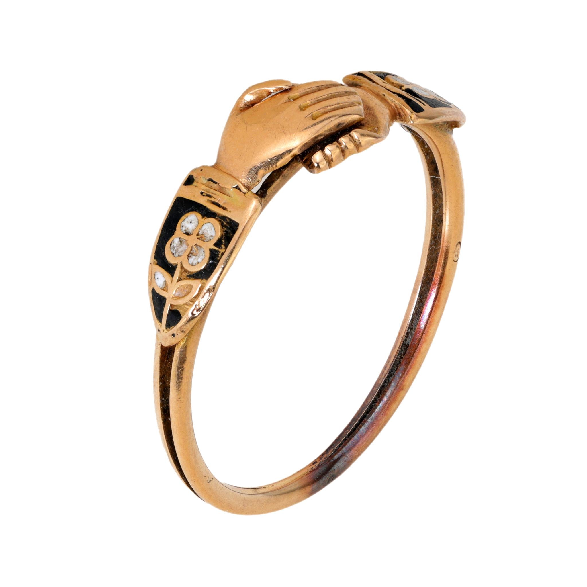 Georgian 18k yellow gold with enamel forget me nots clasped Fede ring