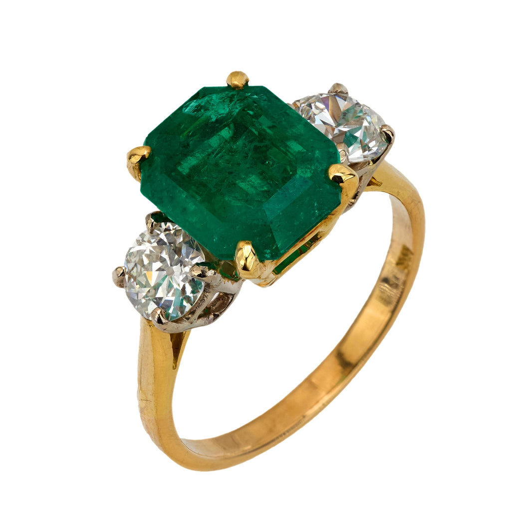 Mid Century GIA 3.25 carat Colombian emerald diamond 18k yellow gold ring Jack Weir & Sons