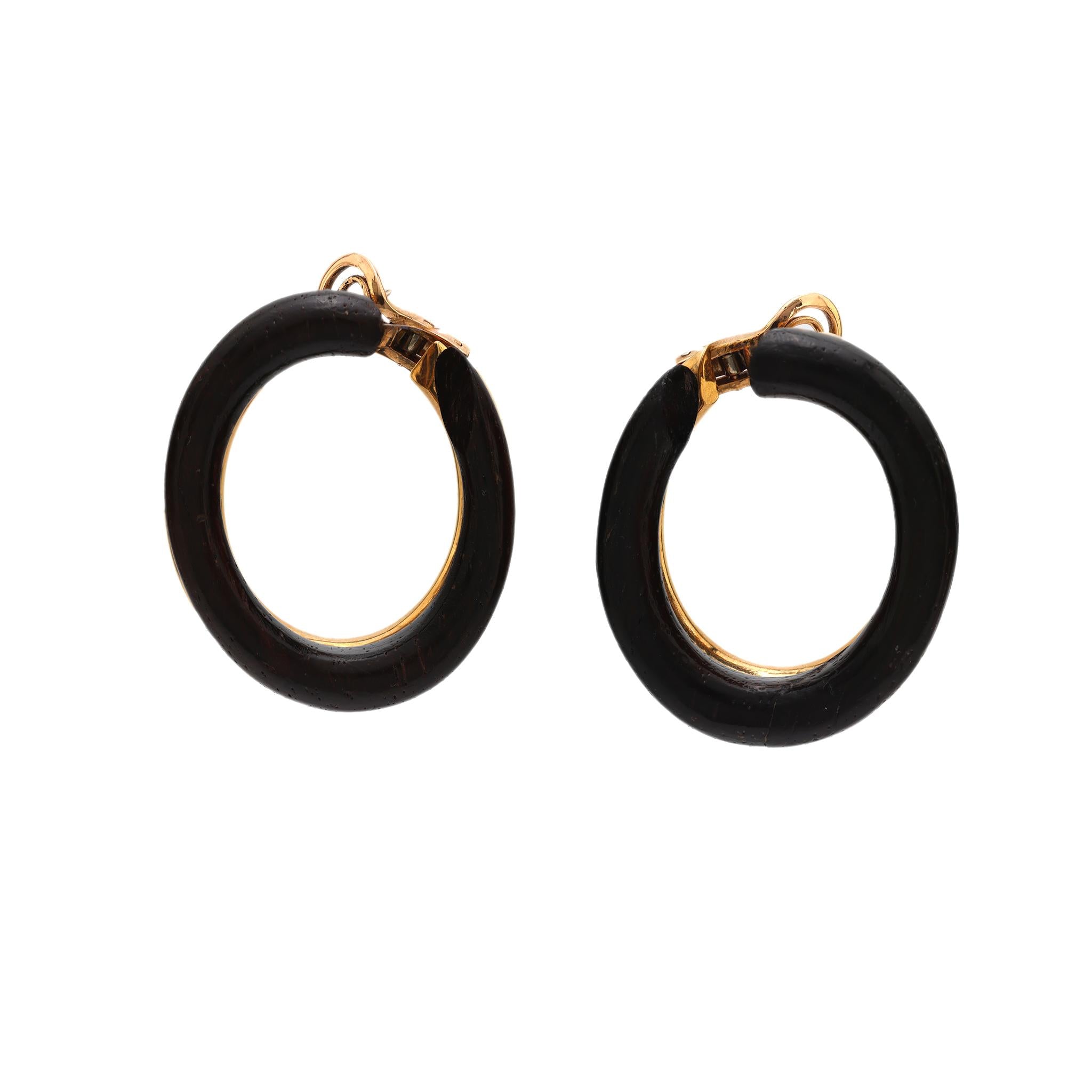 Van Cleef & Arpels French 18k yellow gold and ebony wood hoop earrings Van Cleef & Arpels