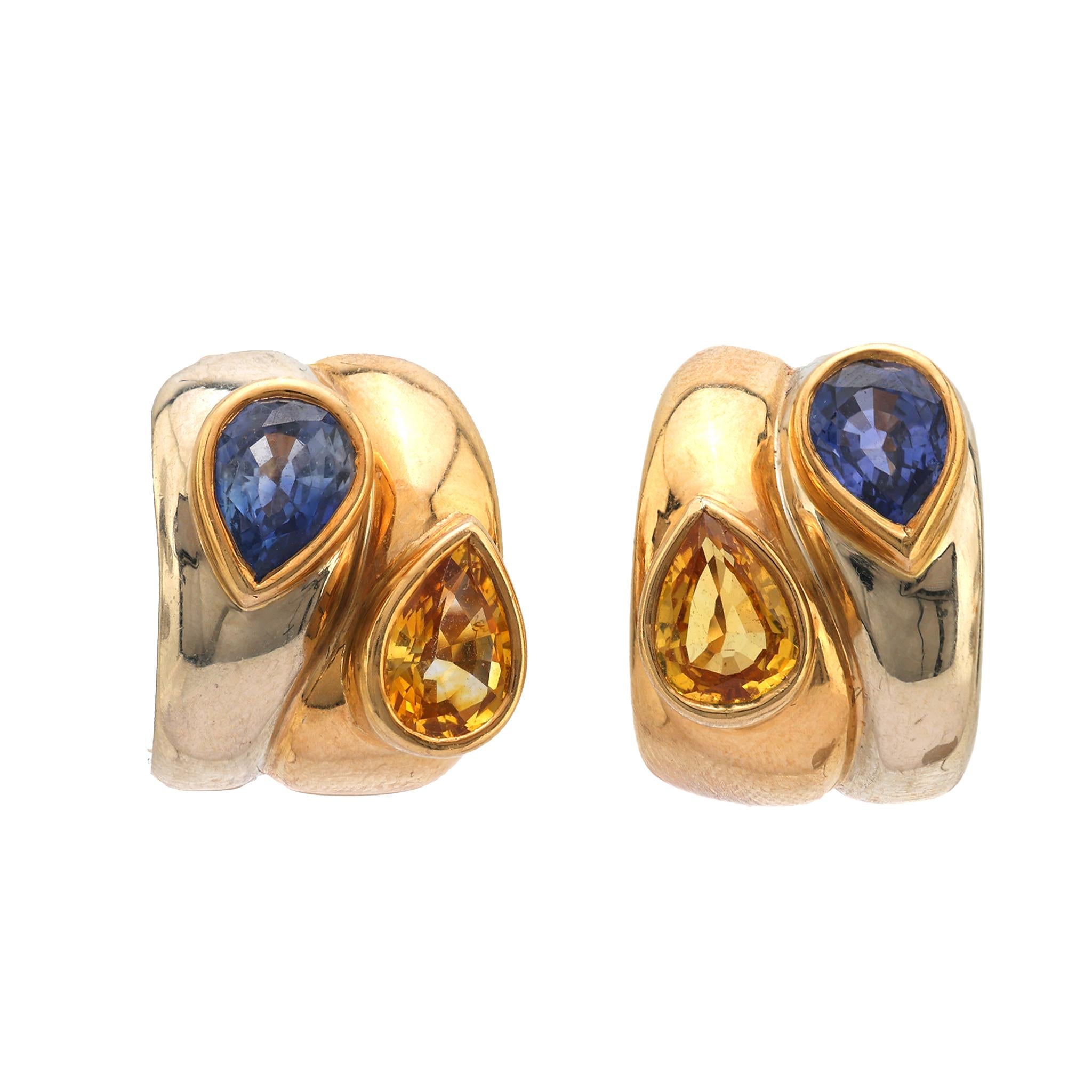 Vintage 4 carat yellow and blue sapphire 18k yellow and white gold earrings Jack Weir & Sons