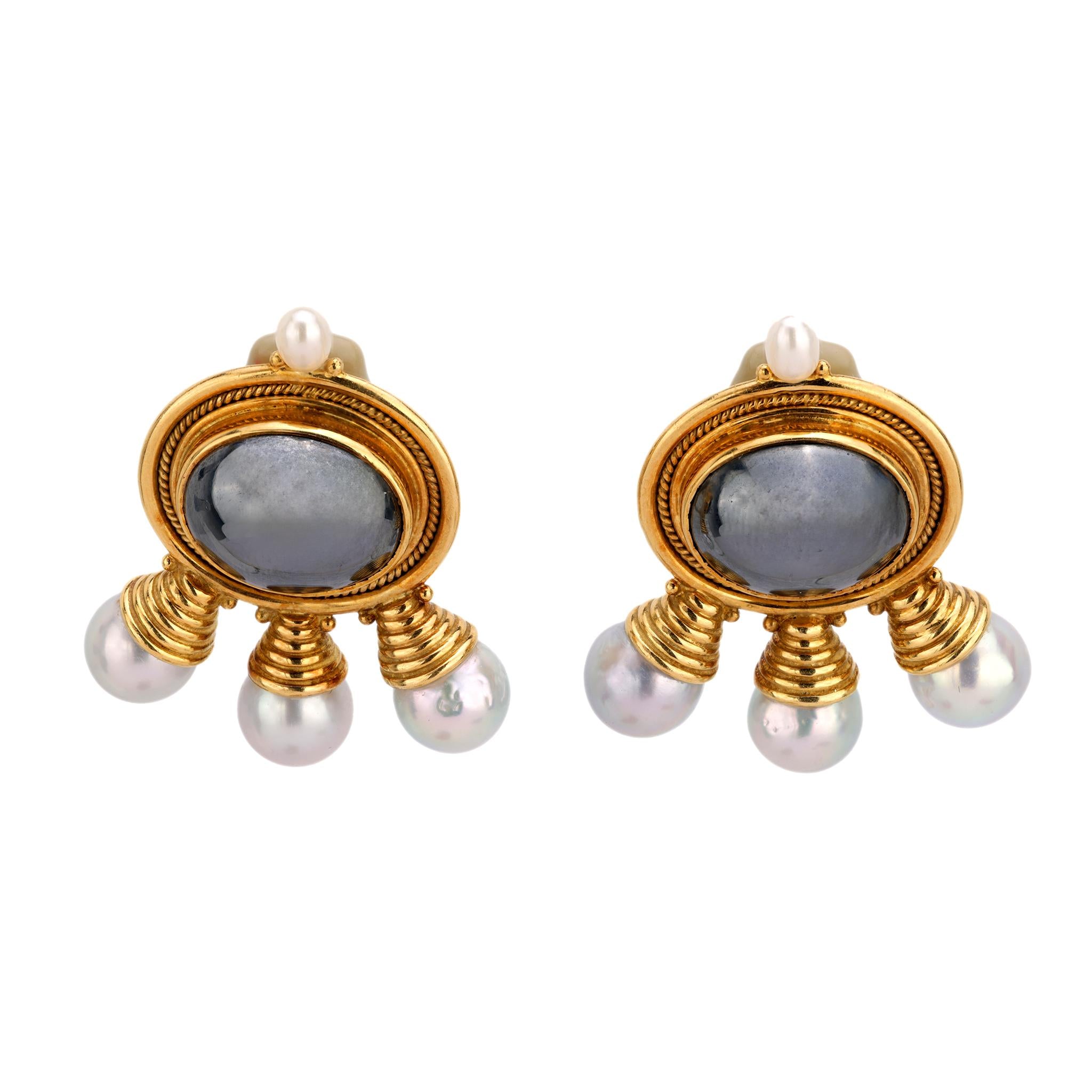 Elizabeth Gage hematite pearl 18k yellow gold earrings