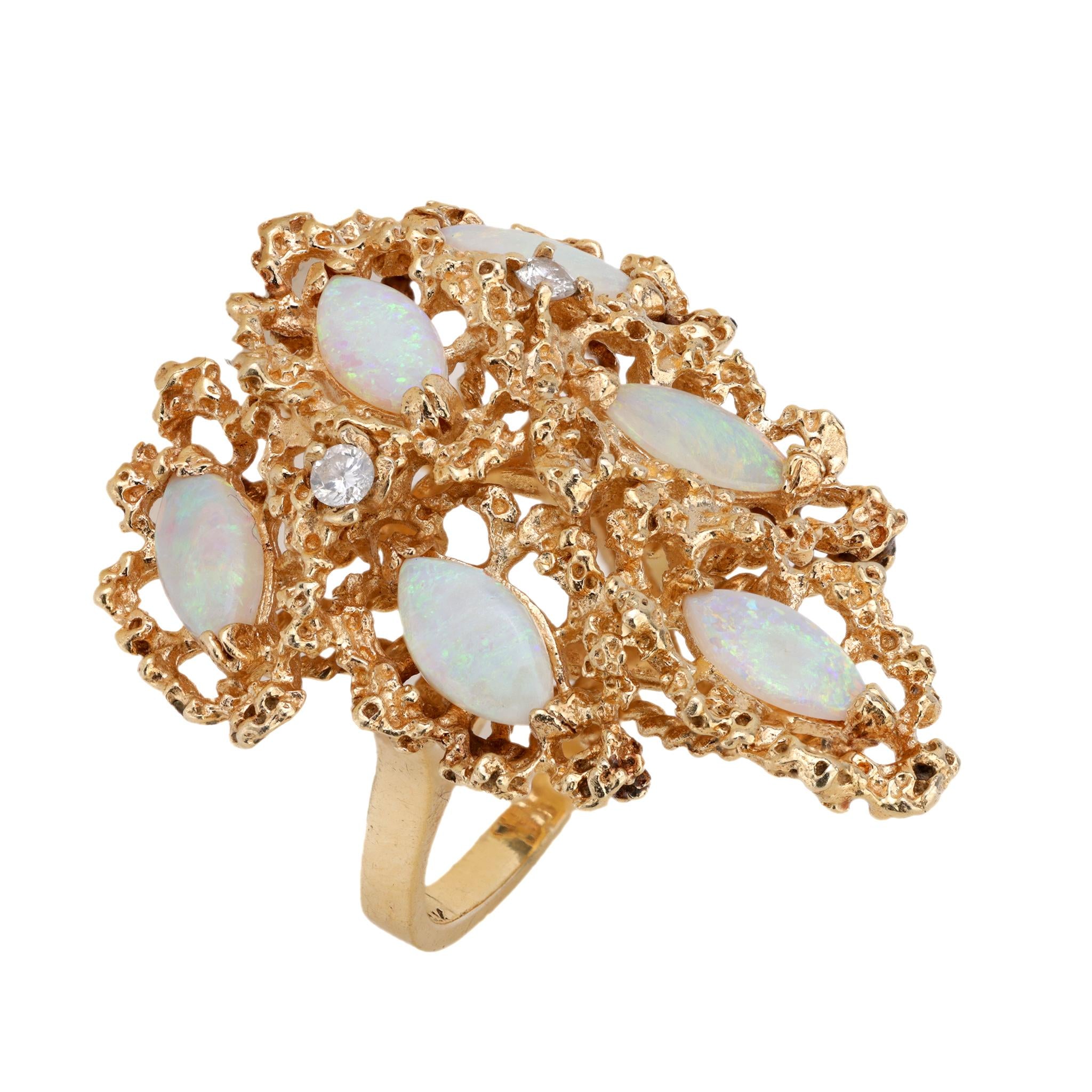 Vintage opal diamond 14k yellow gold cocktail ring