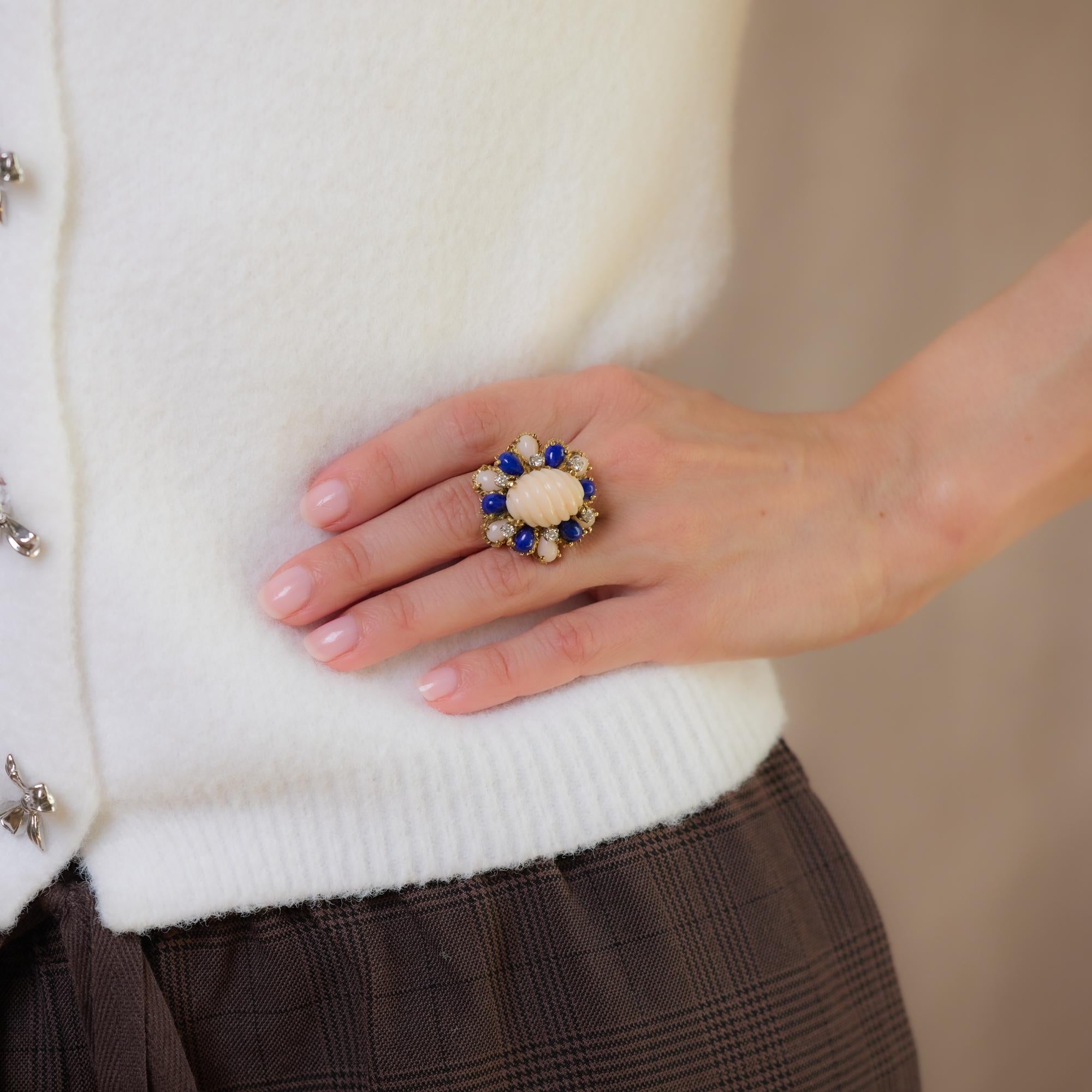 Vintage coral lapis diamond 18k yellow gold cocktail ring Jack Weir & Sons