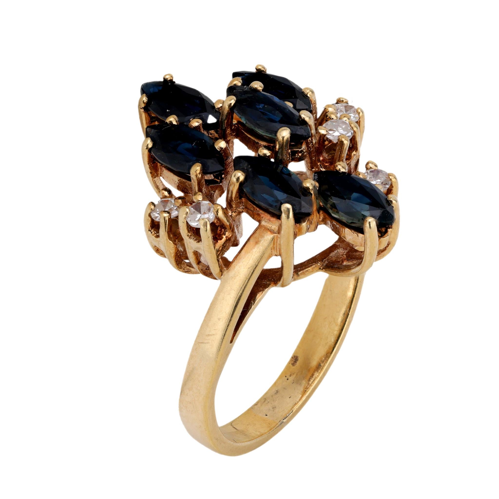 Vintage marquise sapphire diamond 14k yellow gold ring