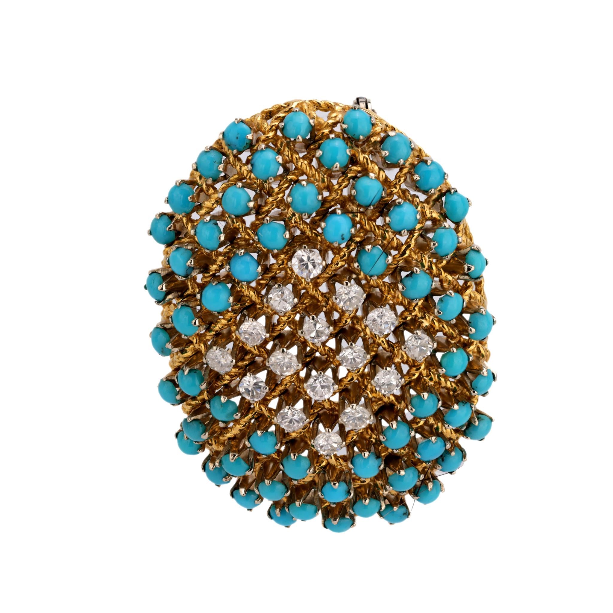 Mid Century turquoise diamond 18k yellow gold brooch