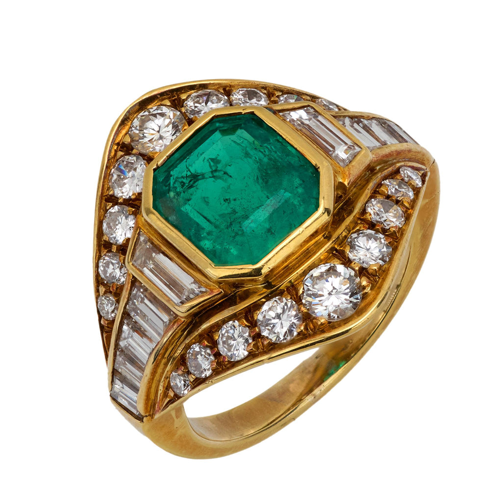 Vintage GIA 2 carat Colombian emerald diamond 18k yellow gold ring Jack Weir & Sons