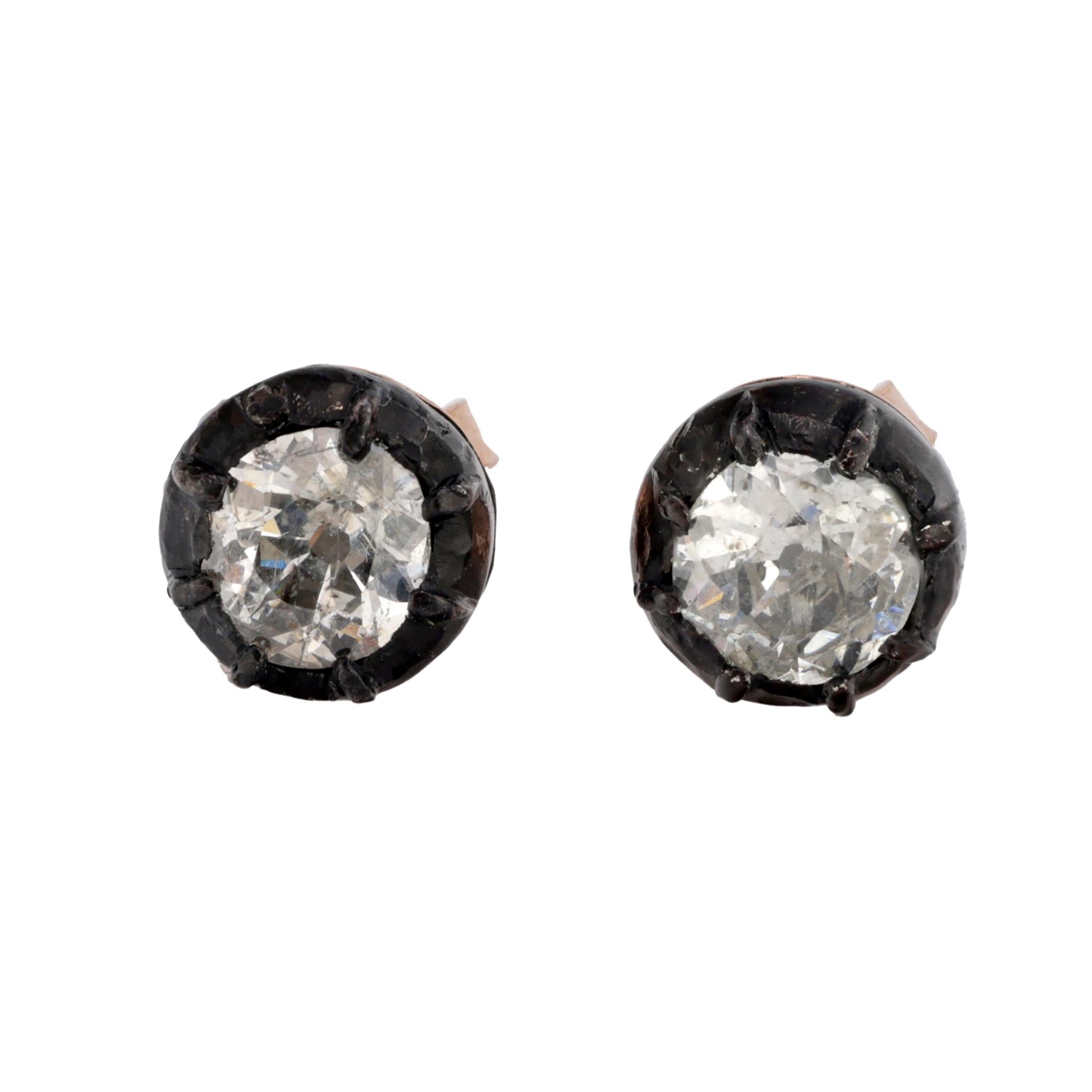 Antique 2.30 carat diamond 14k rose gold and silver stud earrings Jack Weir & Sons