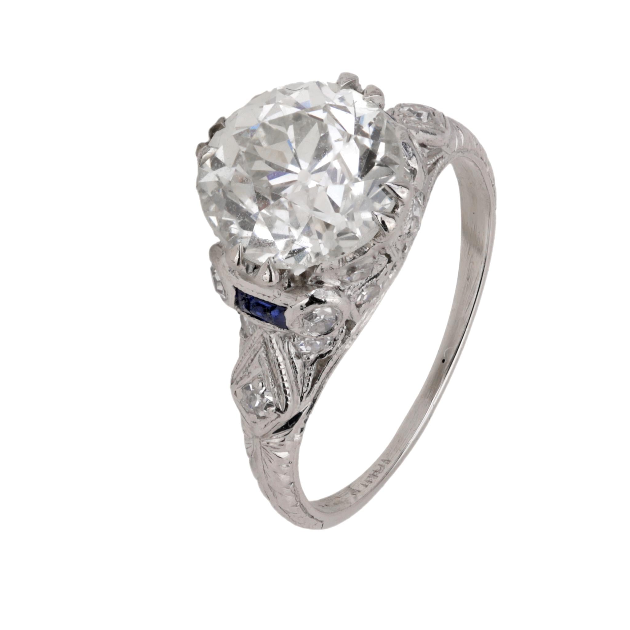 Art Deco GIA 2.14 carat old European cut diamond sapphire platinum ring Jack Weir & Sons