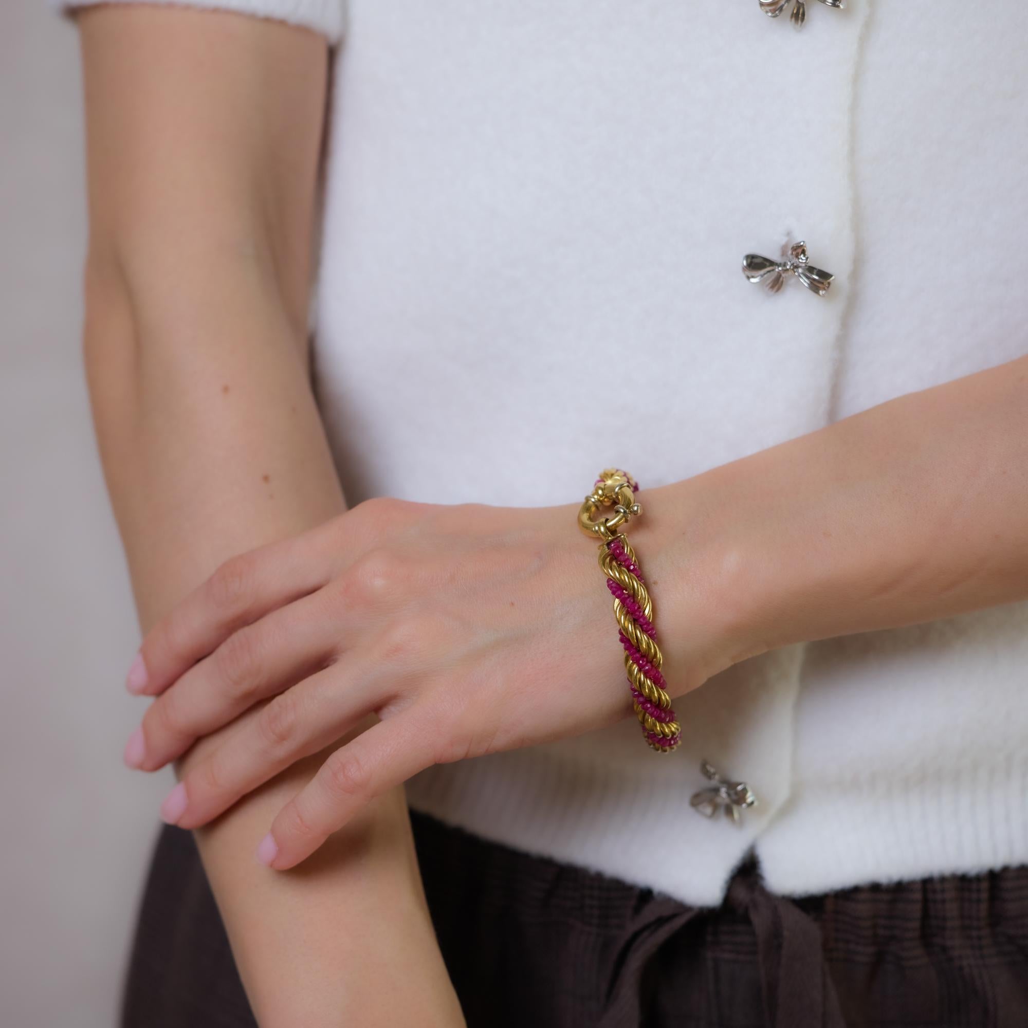 Vintage beaded ruby 18k yellow gold rope bracelet Jack Weir & Sons