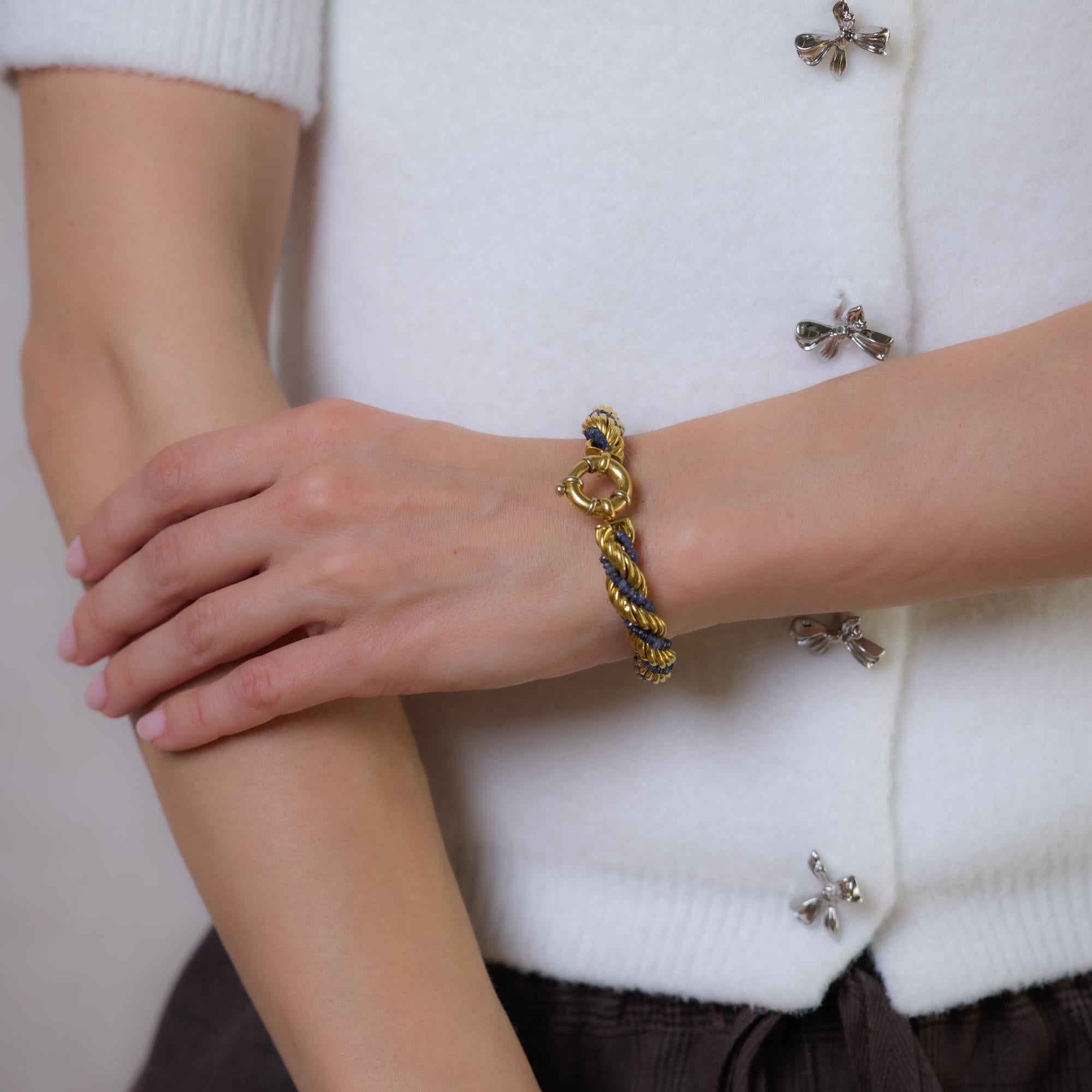 Vintage Beaded sapphires 18k yellow gold rope bracelet