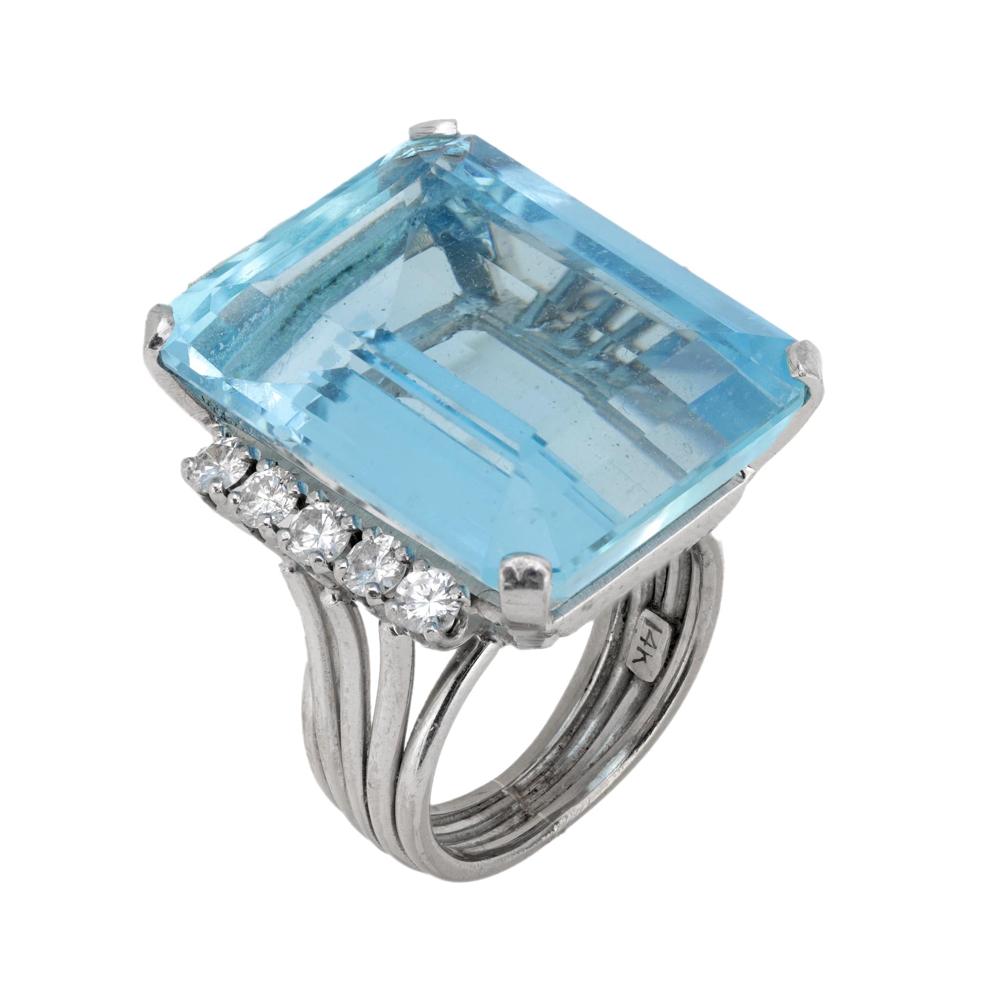 Mid Century 25.50 carat aquamarine diamond 14k white gold cocktail ring