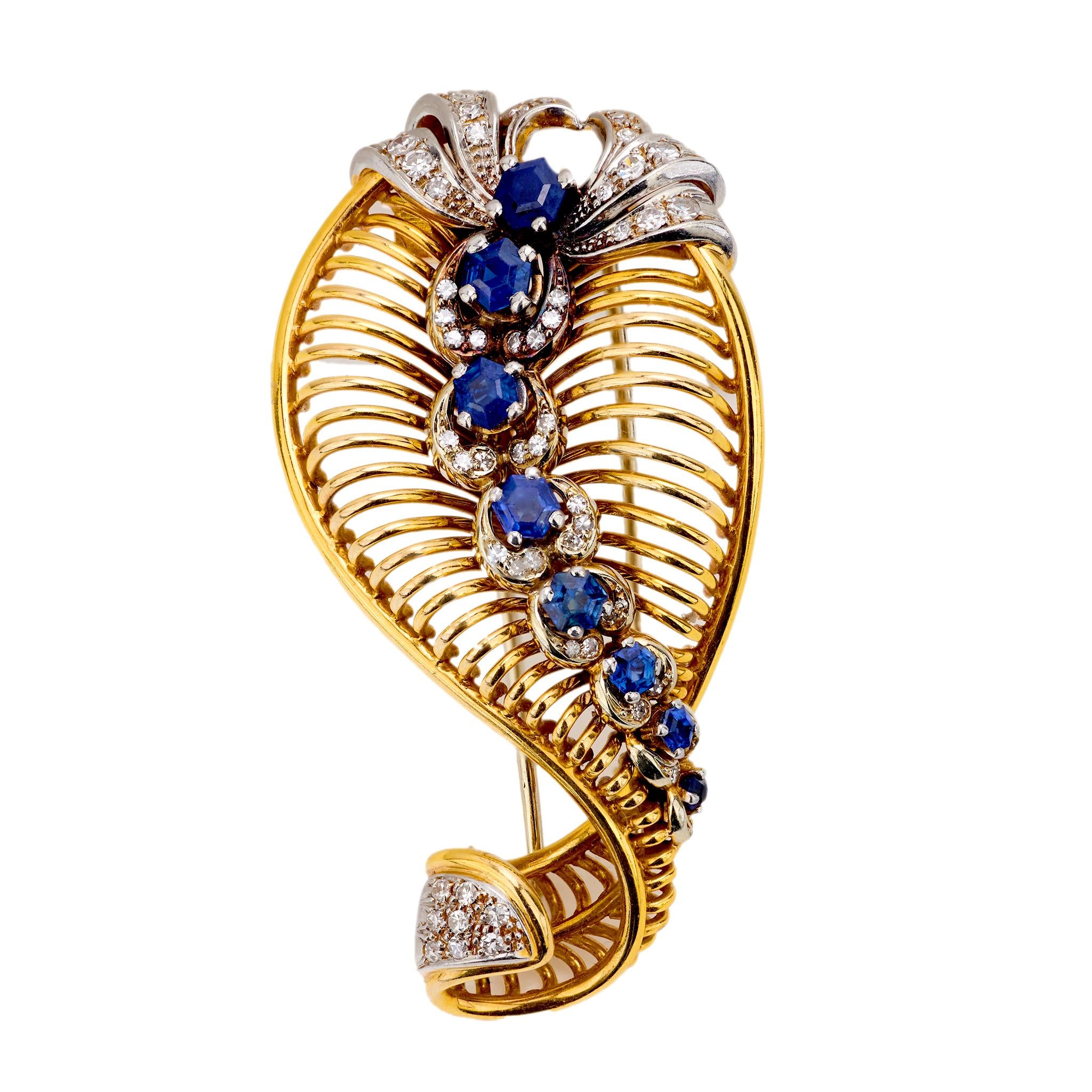 Gubelin 3 carat sapphire diamond 18k yellow gold brooch