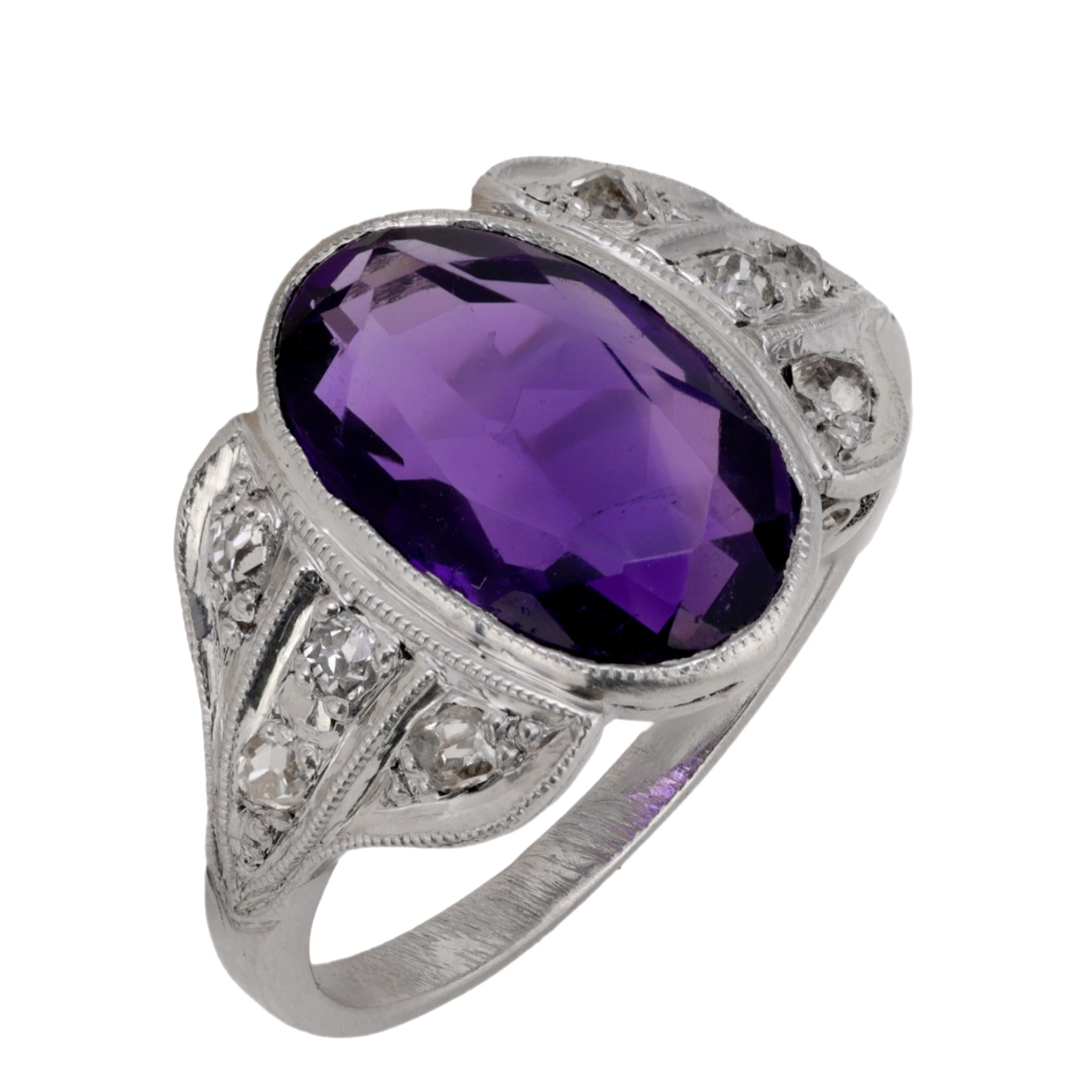 Art Deco 2 carat amethyst old mine diamond platinum ring Jack Weir & Sons