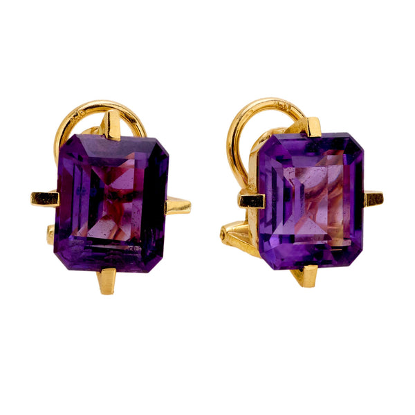 Vintage emerald cut amethyst 18k yellow gold earrings