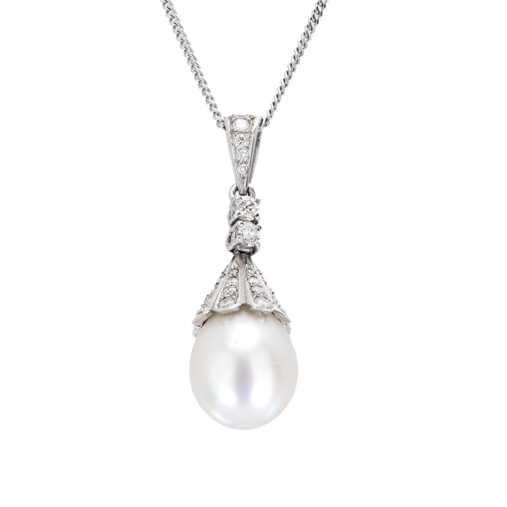 Vintage pearl diamond 18k white gold pendant necklace