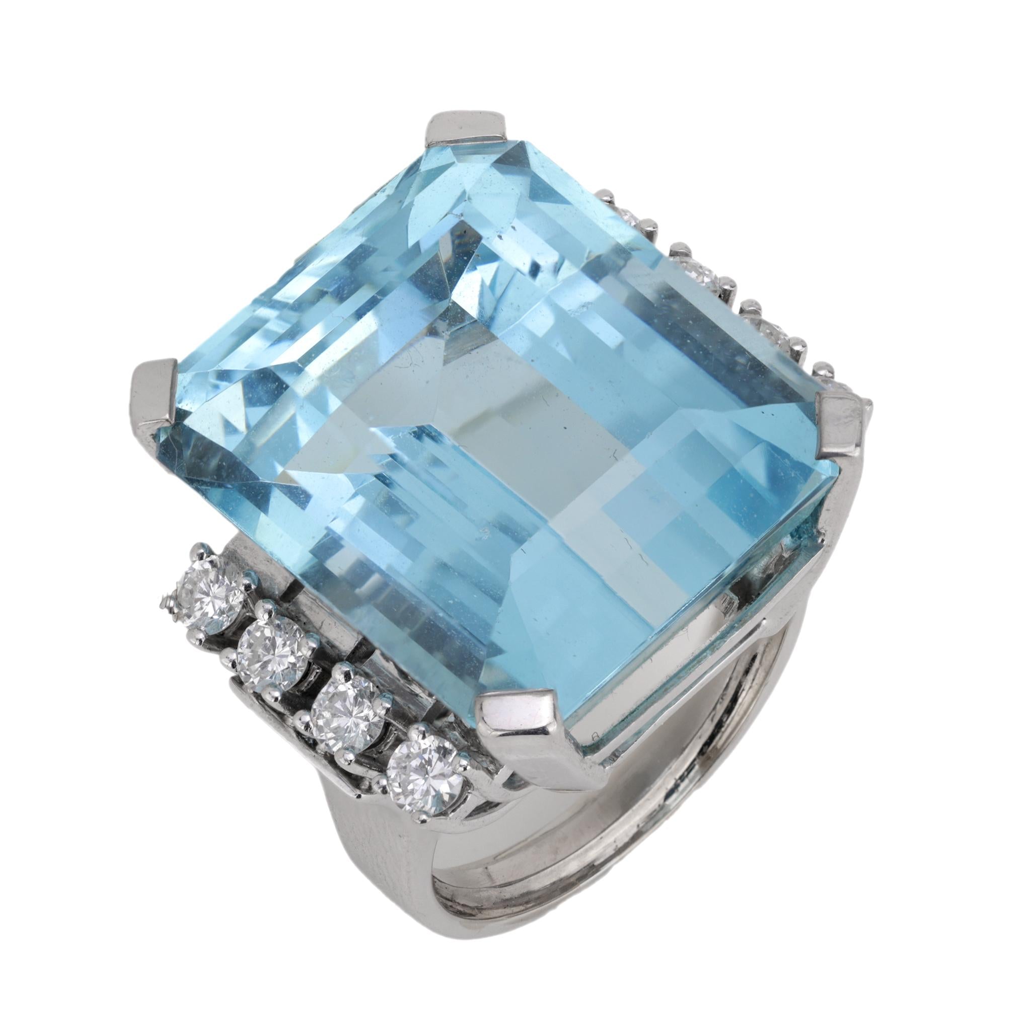 Mid Century French 30 carat aquamarine diamond 18k white gold cocktail ring