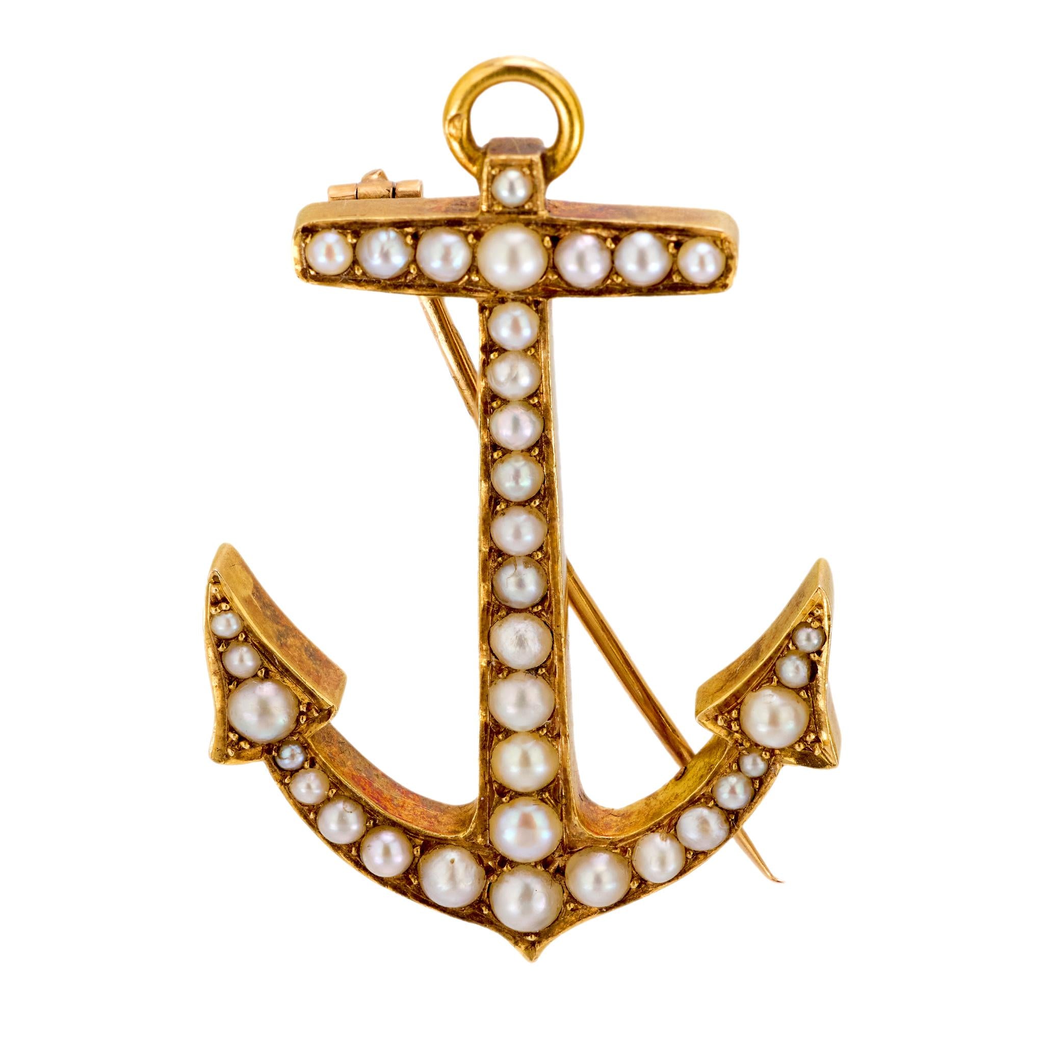 Mid Century French pearl 18k yellow gold anchor brooch