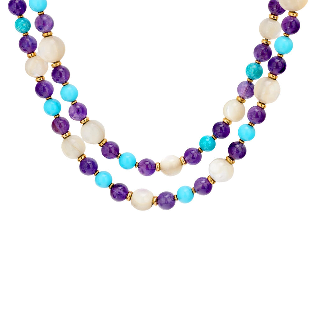 34" Italian mother of pearl amethyst turquoise 18k yellow gold bead necklace