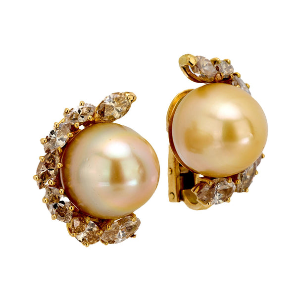 Vintage French pearl 4 carat diamond 18k yellow gold cocktail earrings Jack Weir & Sons