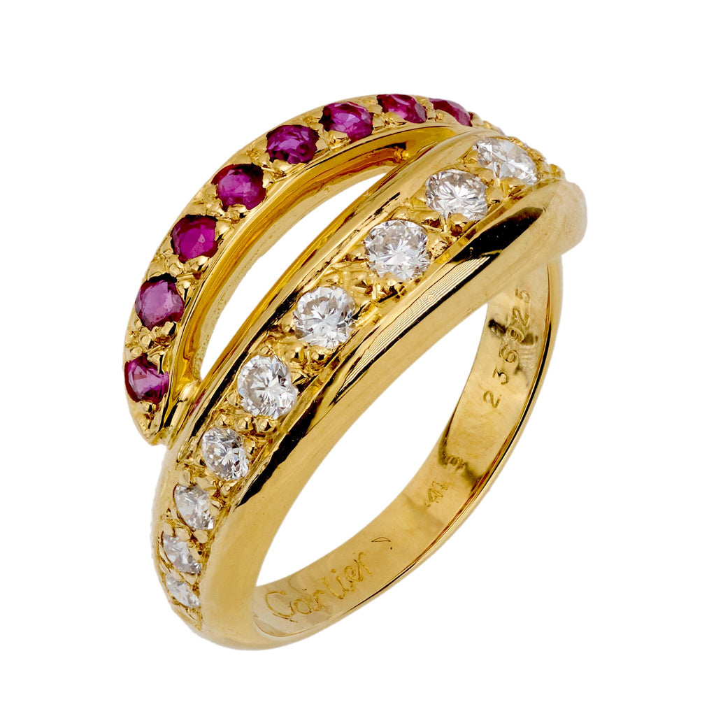 Cartier diamond ruby 18k yellow gold bypass band Cartier