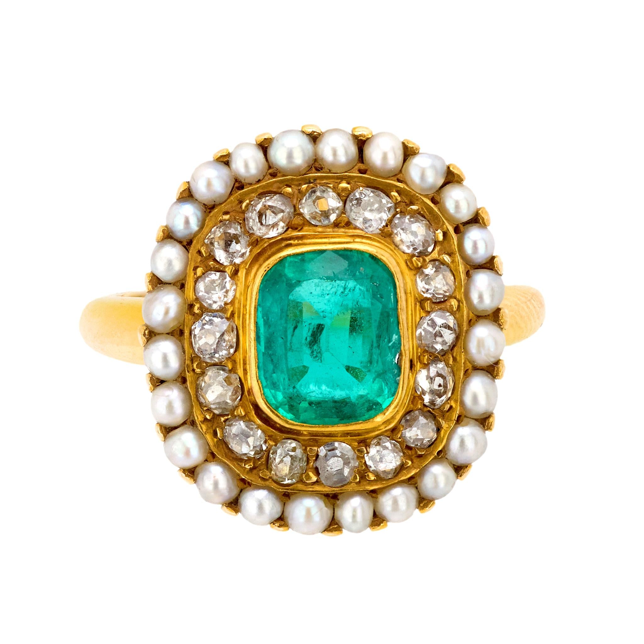 Edwardian emerald old mine diamond seed pearl 14k yellow gold ring Jack Weir & Sons