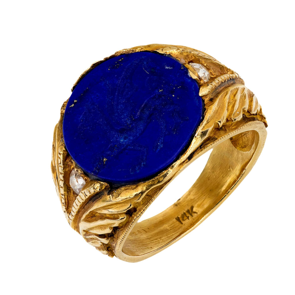 Vintage carved lapis lazuli diamond 14k yellow gold dragon ring Jack Weir & Sons