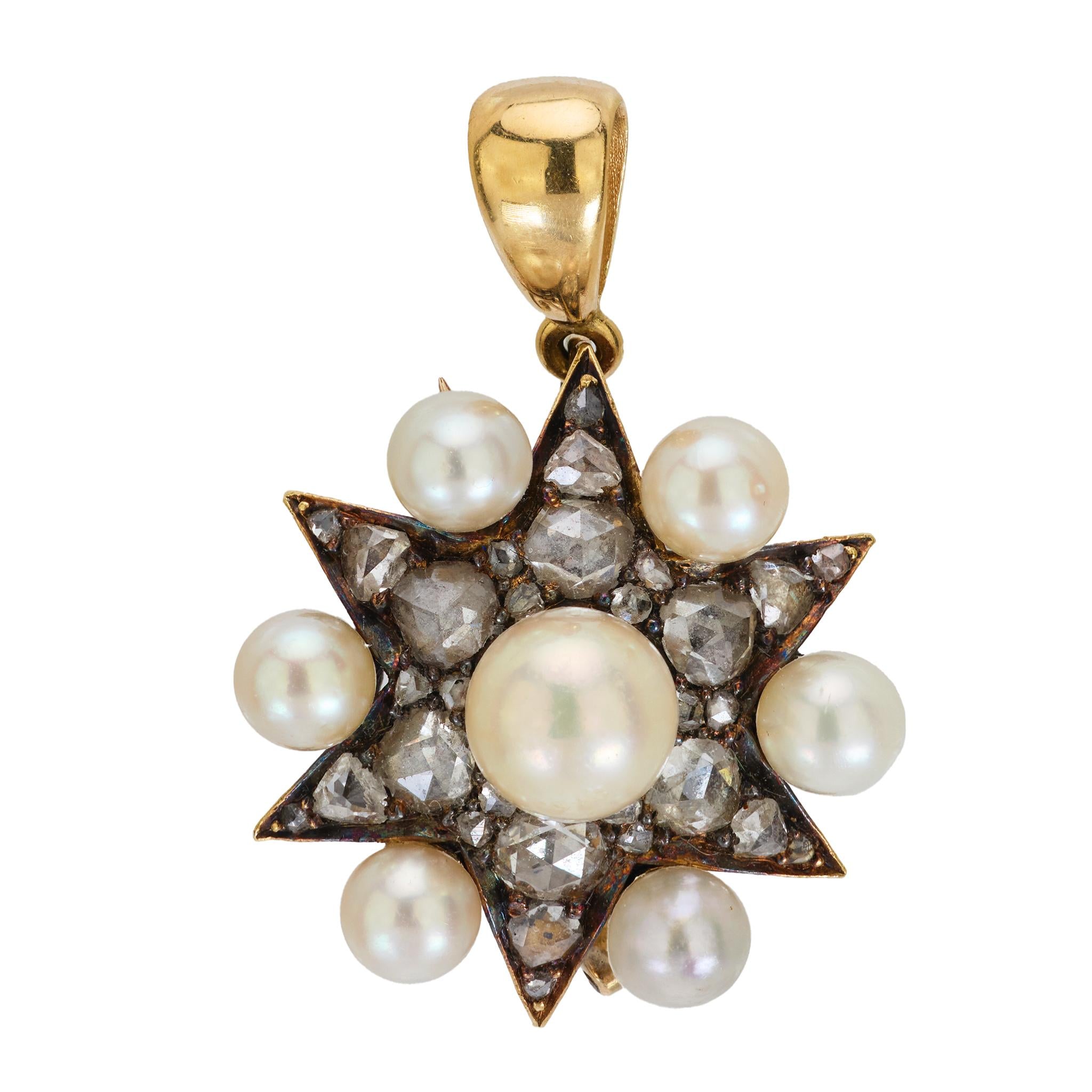 Edwardian pearl 1.10 carat diamond 14k yellow gold and silver star pendant