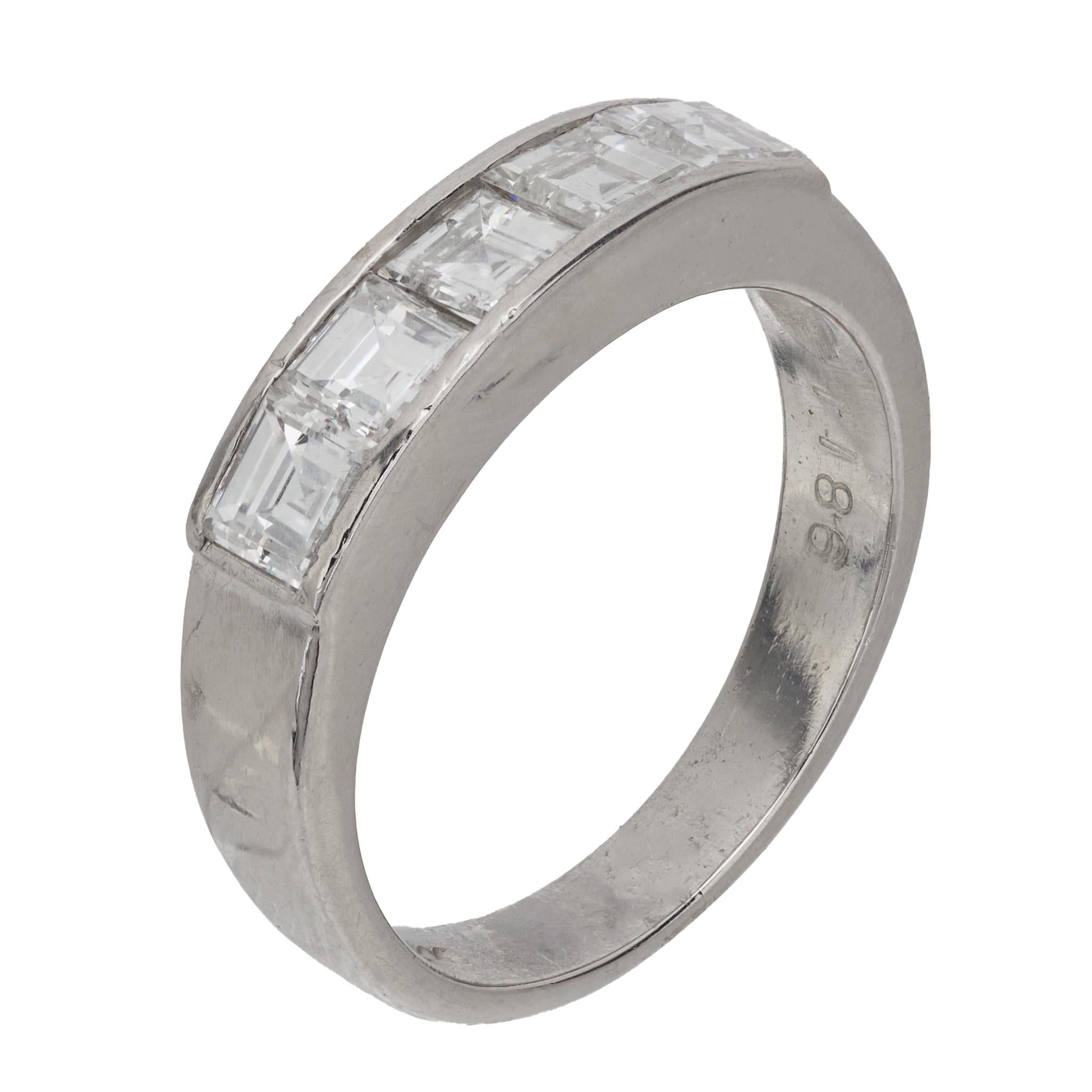 Modern Carré cut diamond platinum five stone wedding band