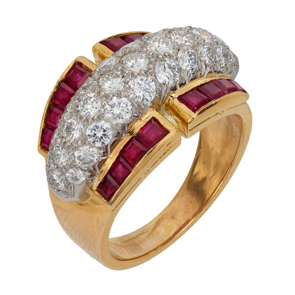 Vintage Oscar Heyman diamond ruby 18k yellow gold platinum cocktail ring