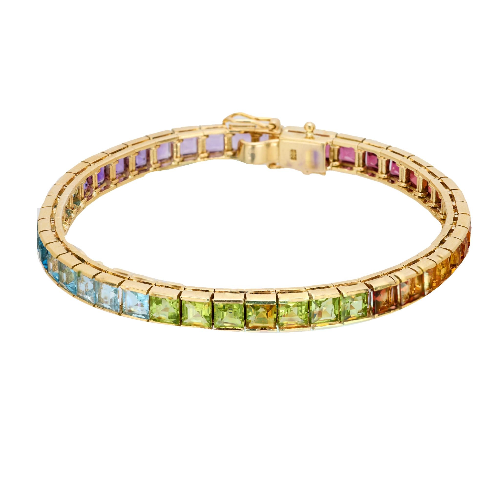 Vintage 12.30 carat multicolor tourmaline 14k yellow gold tennis line bracelet Jack Weir & Sons