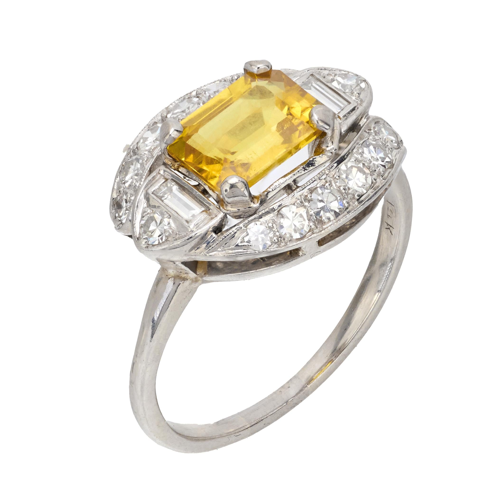 Mid Century 1.55 carat yellow sapphire diamond platinum ring