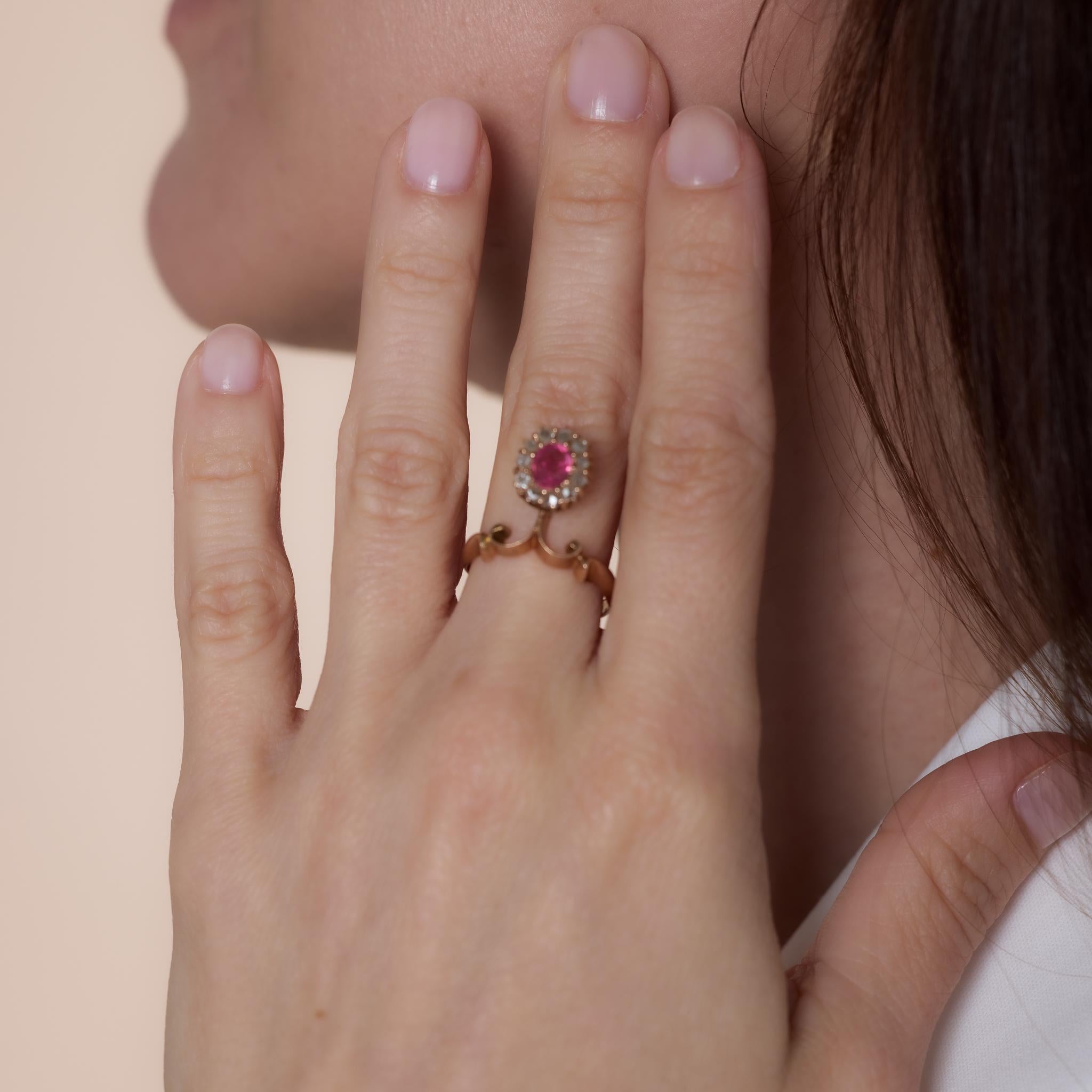 Victorian pink stone diamond 14k rose gold tiara ring