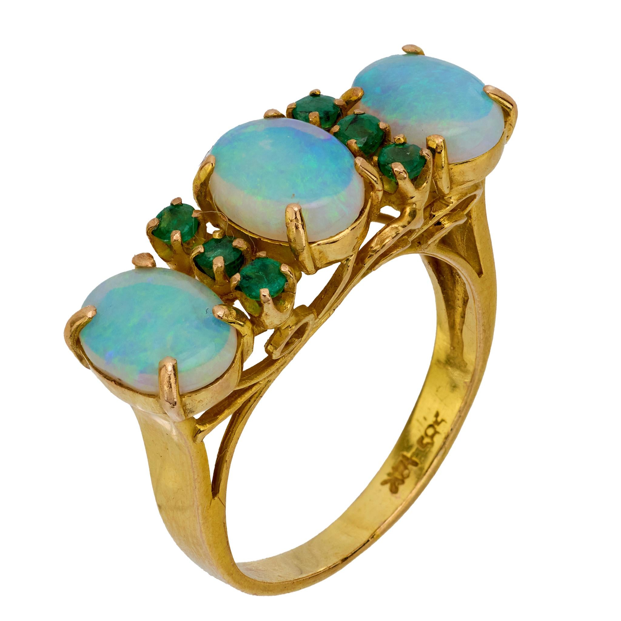 Mid Century opal emerald 14k yellow gold cocktail ring Jack Weir & Sons
