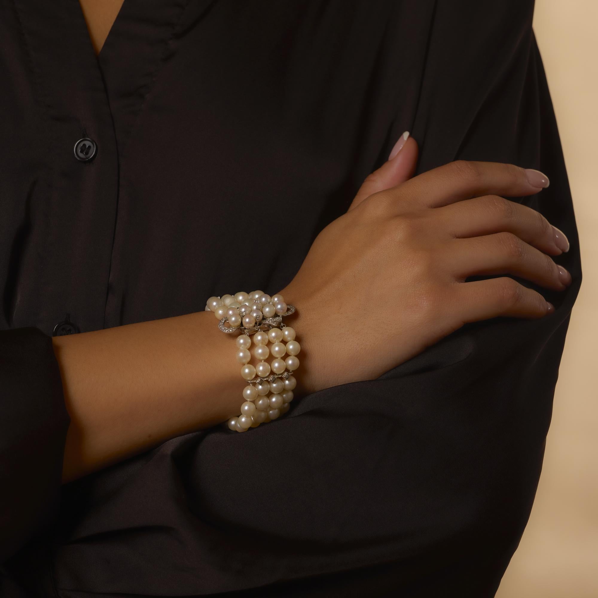 Mid Century 4 strand pearl diamond 14k white gold bracelet