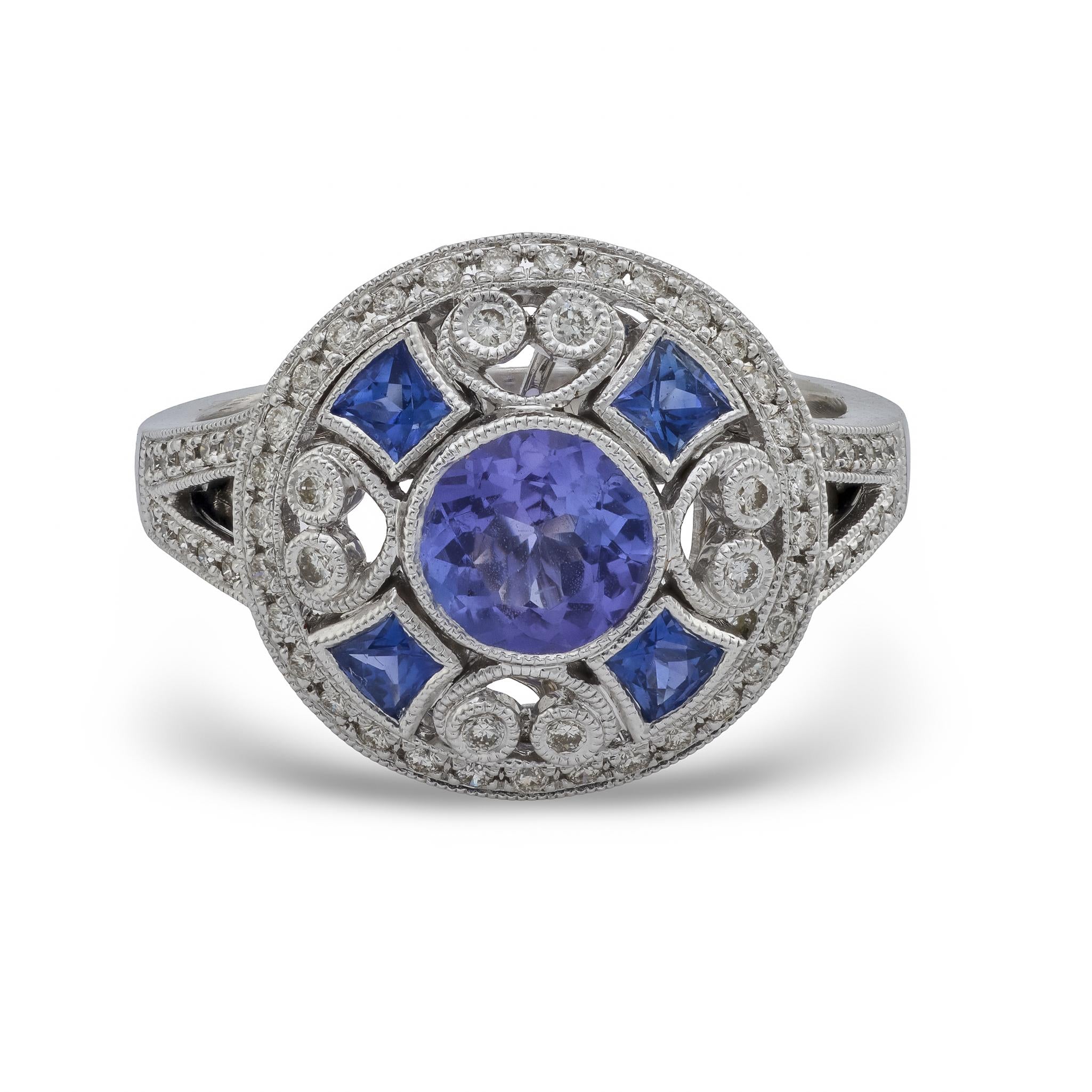 Art Deco style 1.10 carat tanzanite diamond platinum cocktail ring