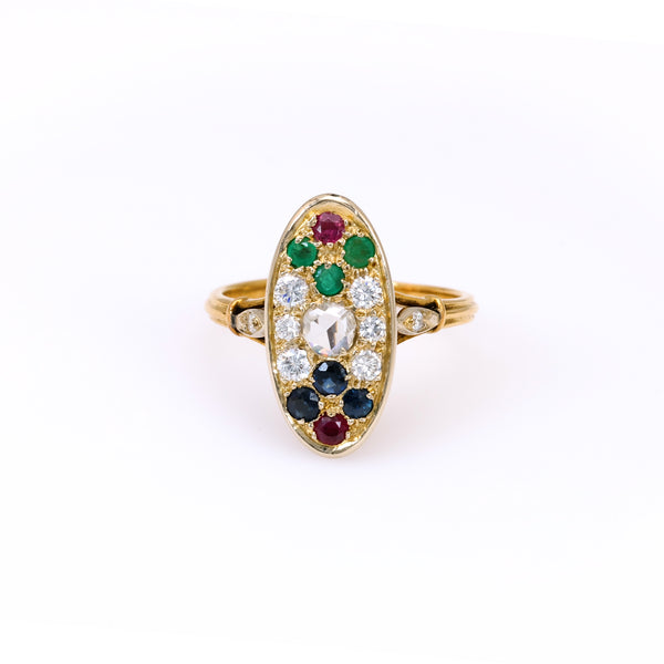 Vintage French Diamond and Gemstone 18k Yellow Gold Ring