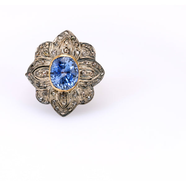 Antique Portuguese Sapphire and Diamond Gold Silver Ring