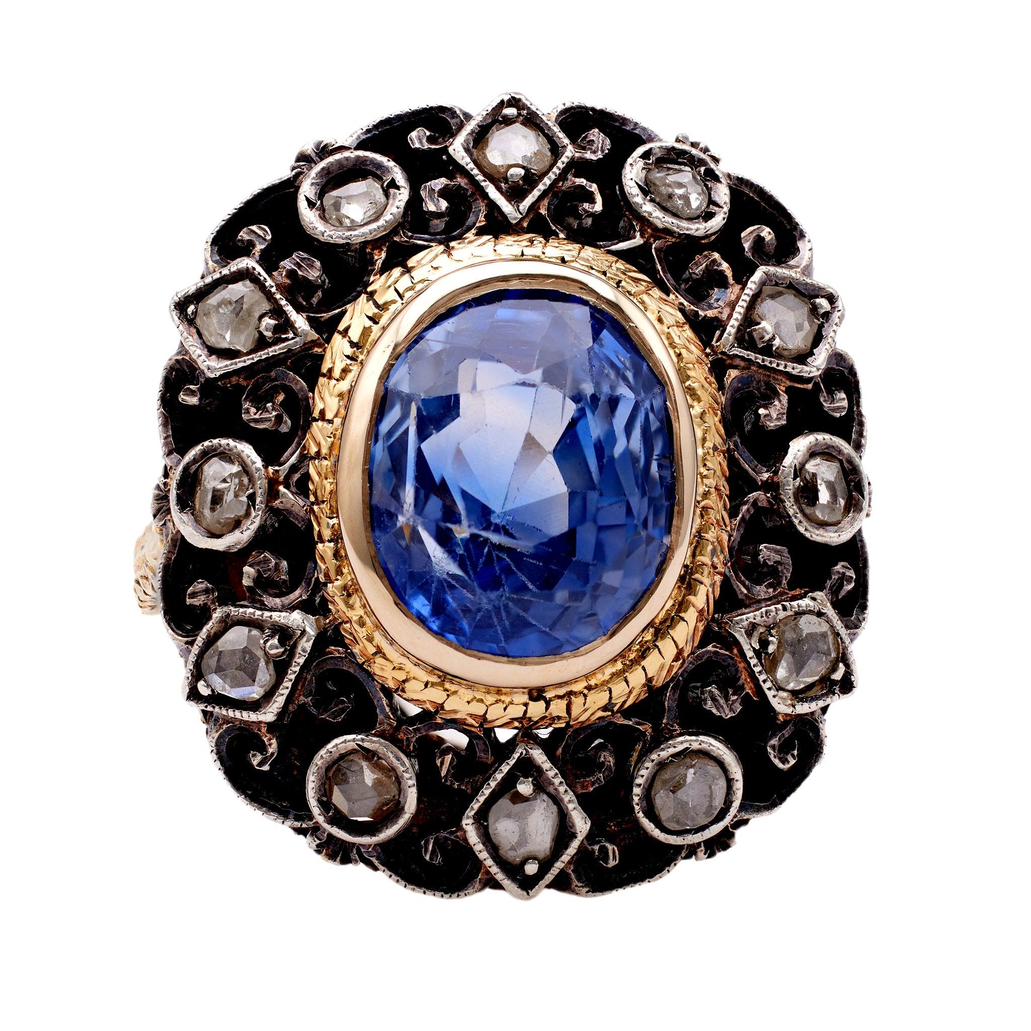 Antique IGI Ceylon No Heat Sapphire and Diamond 18k Yellow Gold Silver Ring Rings Jack Weir & Sons   