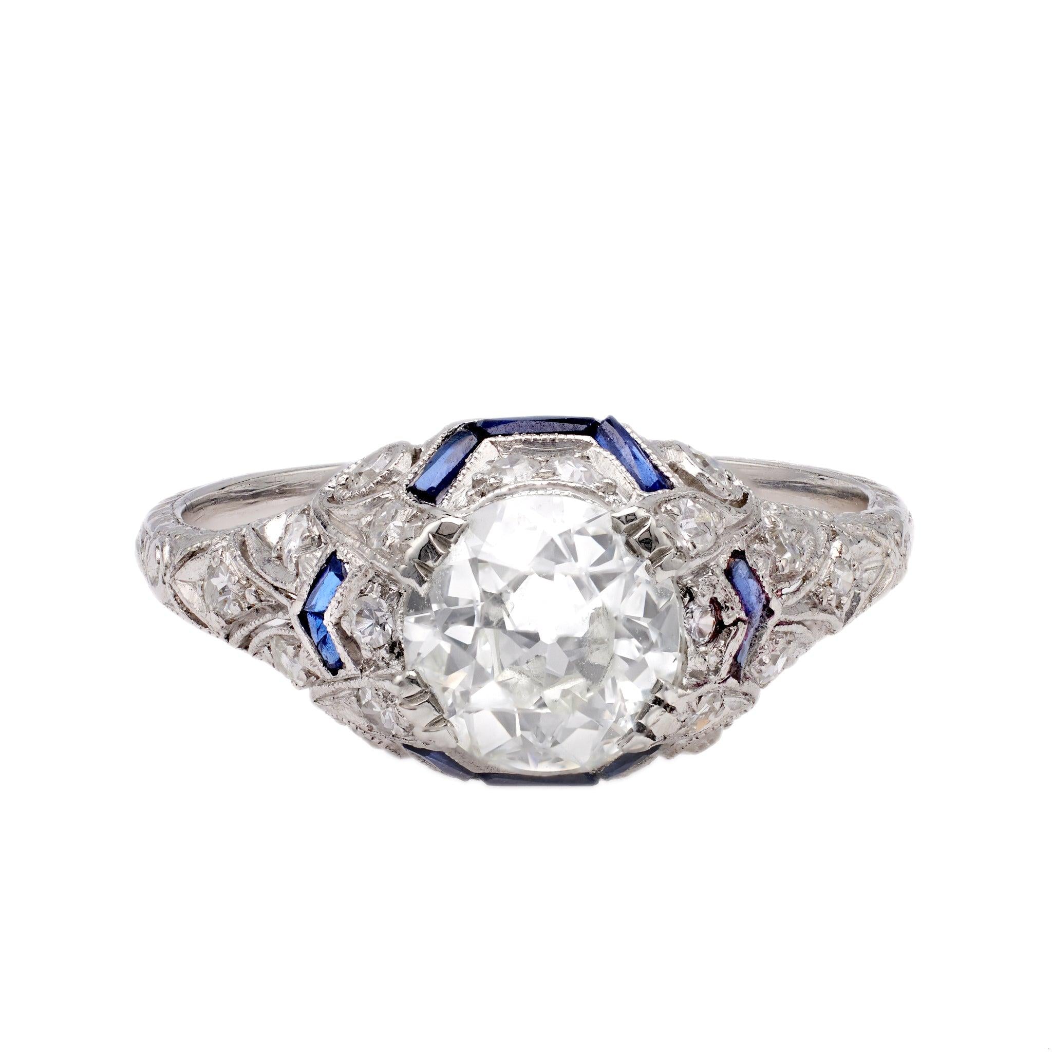 Art Deco GIA 1.51 Carat Old European Cut Diamond and Sapphire Platinum Ring Rings Jack Weir & Sons   