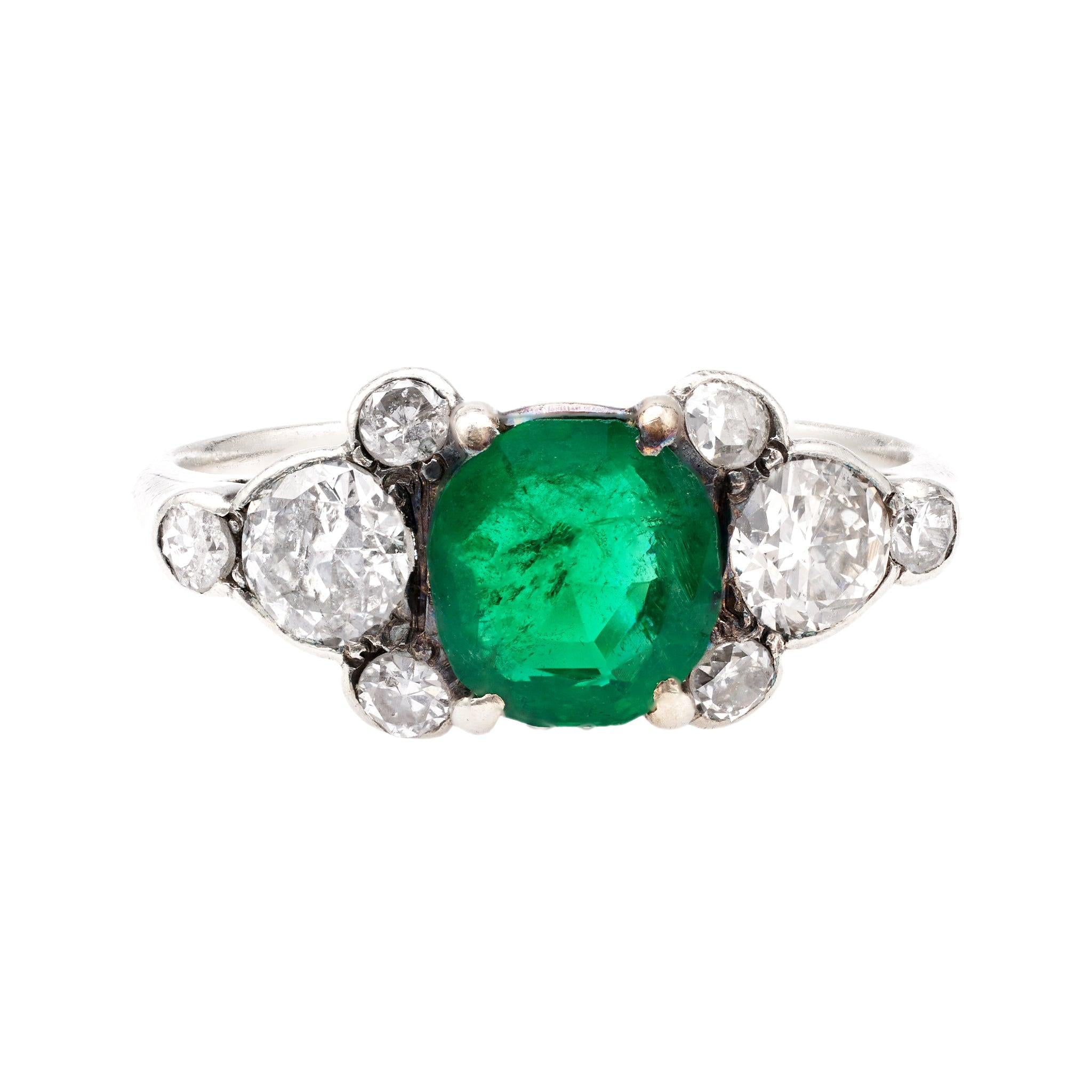 Art Deco GIA 2.42 Carat Brazilian Emerald and Diamond Silver Ring  Jack Weir & Sons   