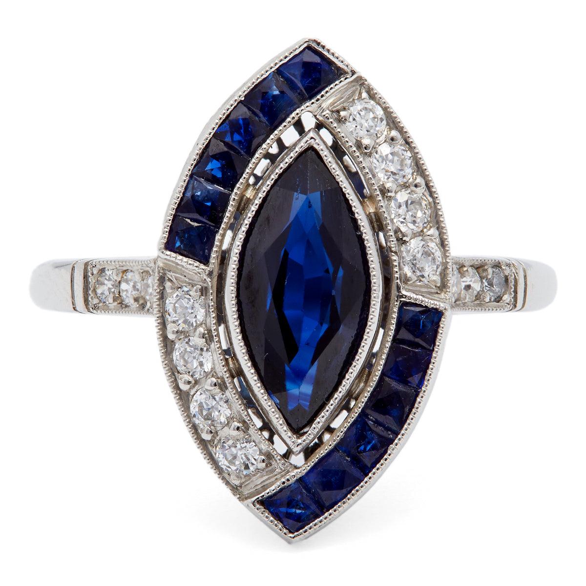 Art Deco Inspired Marquise Cut Sapphire and Diamond Platinum Ring  Jack Weir & Sons   