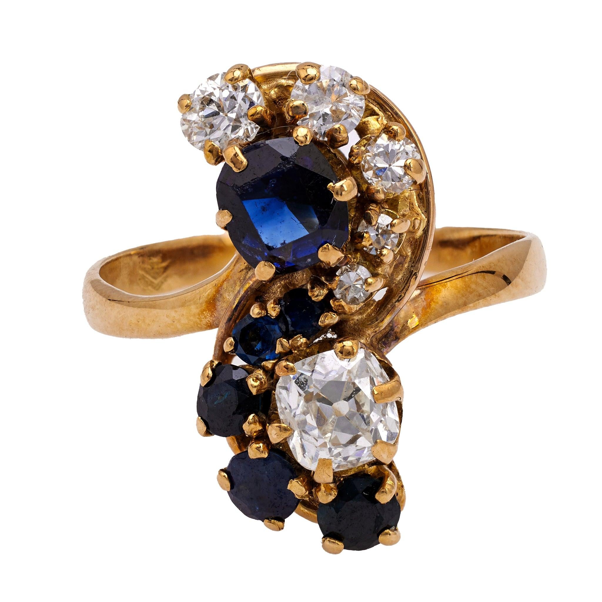 Belle Époque French Diamond and Sapphire 18k Yellow Gold Toi et Moi Ring Rings Jack Weir & Sons   