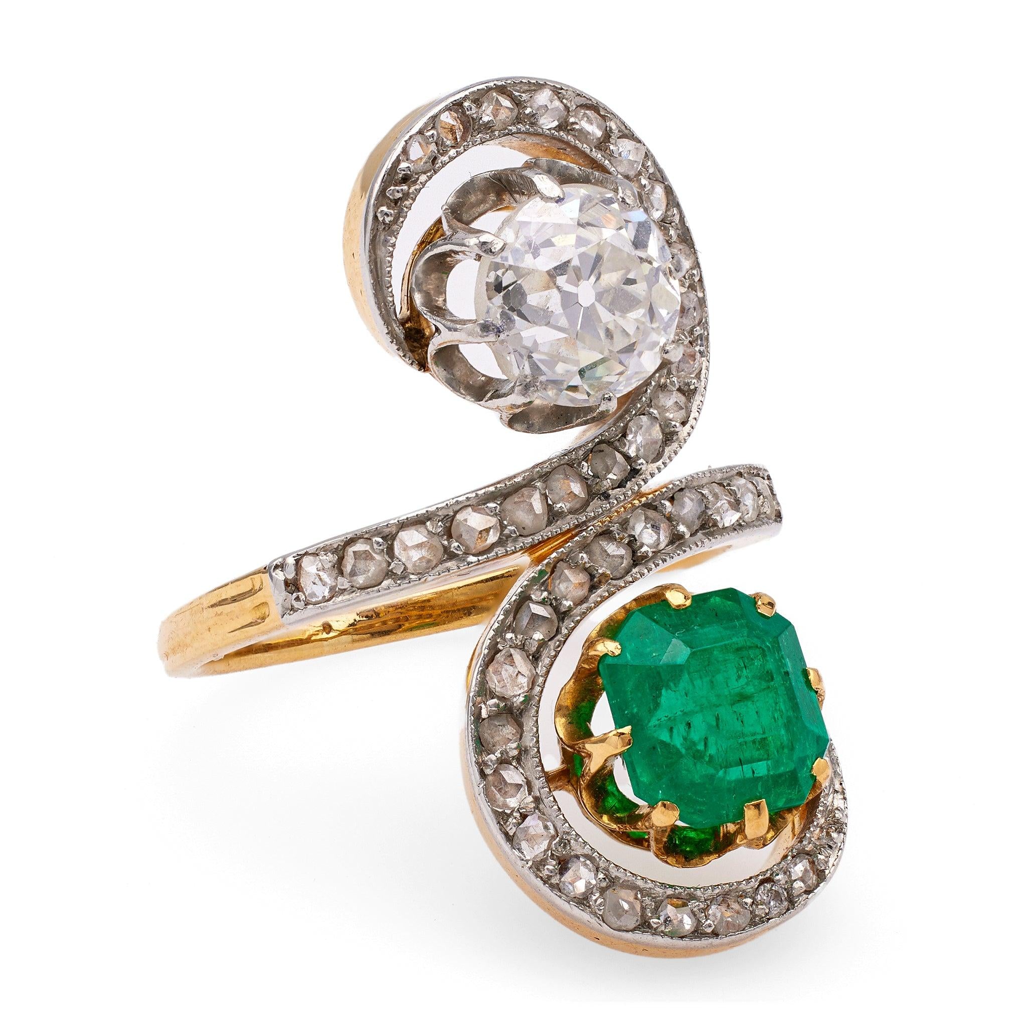 Belle Époque French Emerald and Diamond 18k Yellow Gold Platinum Toi et Moi Ring Rings Jack Weir & Sons   