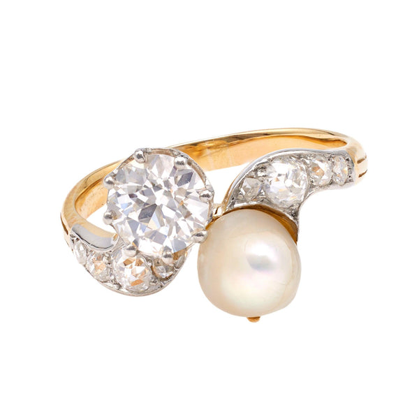 Belle Époque French GIA 0.82 Carat Diamond and Pearl Toi et Moi 18k Yellow Gold Rings Jack Weir & Sons   