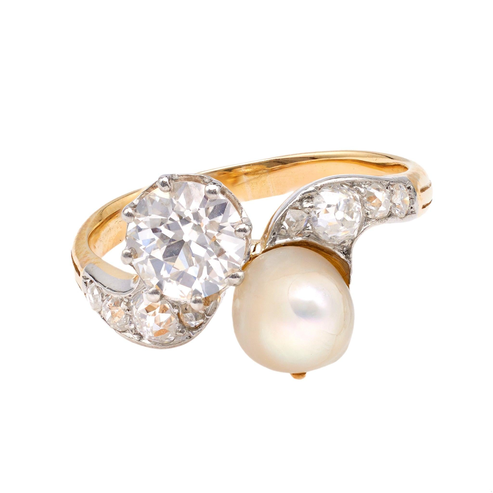 Belle Époque French GIA 0.82 Carat Diamond and Pearl Toi et Moi 18k Yellow Gold Rings Jack Weir & Sons   