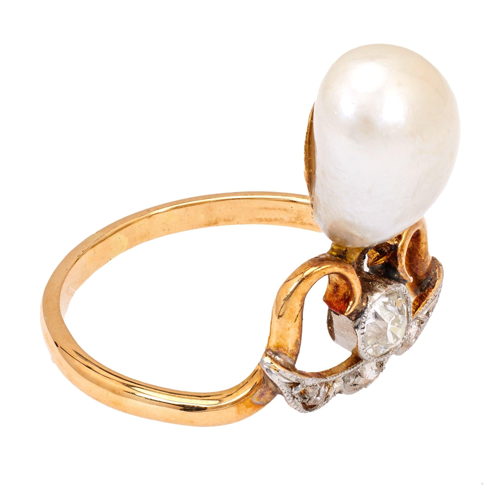 Belle Époque French Pearl and Diamond 18k Yellow Gold Platinum Tiara Ring Rings Jack Weir & Sons   