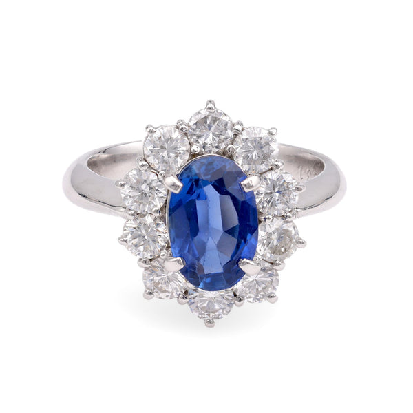 Modern Platinum Sapphire & Diamond Halo Ring Rings Jack Weir & Sons   