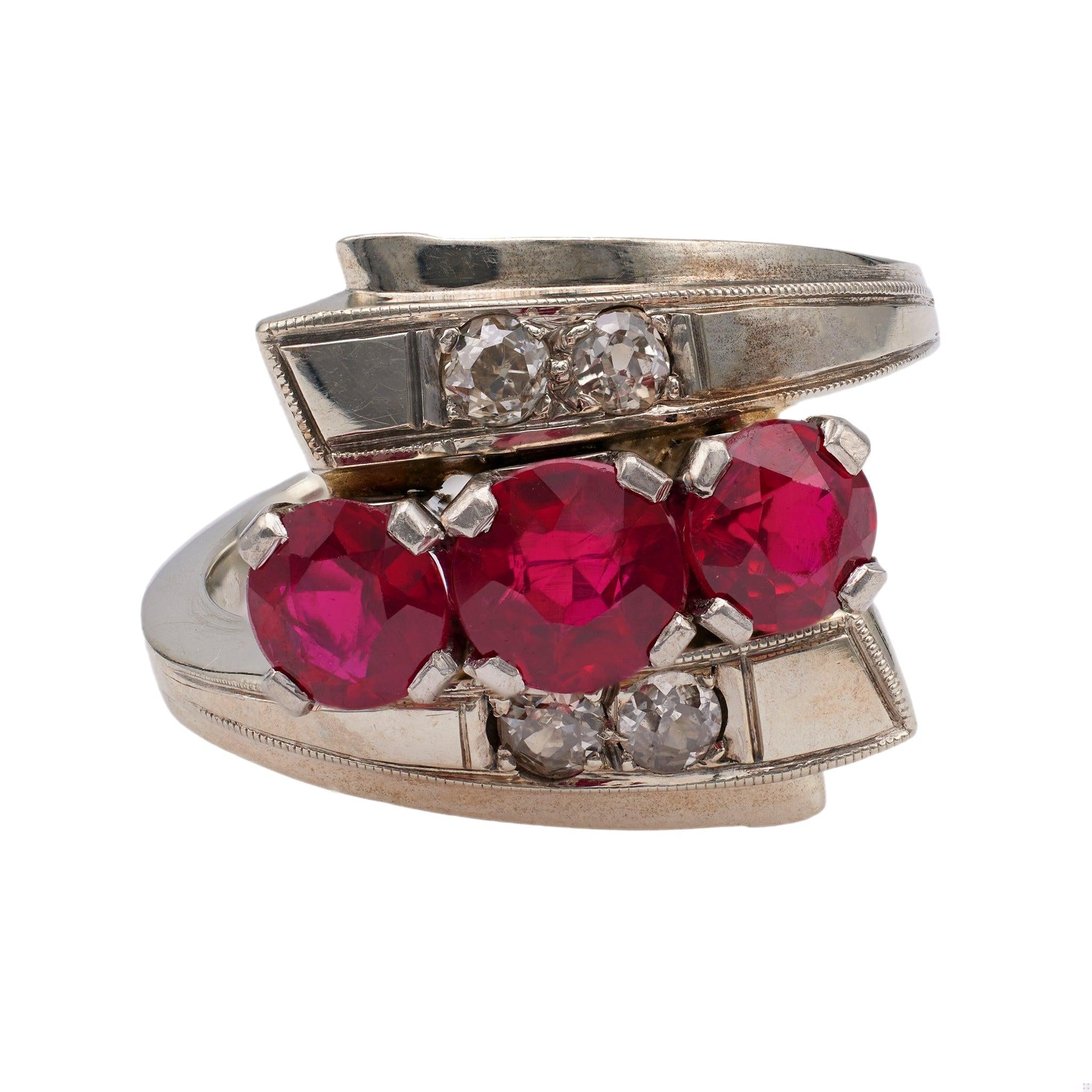 Late Art Deco Synthetic Ruby and Diamond 14 Karat White Gold Bypass Ring  Jack Weir & Sons   