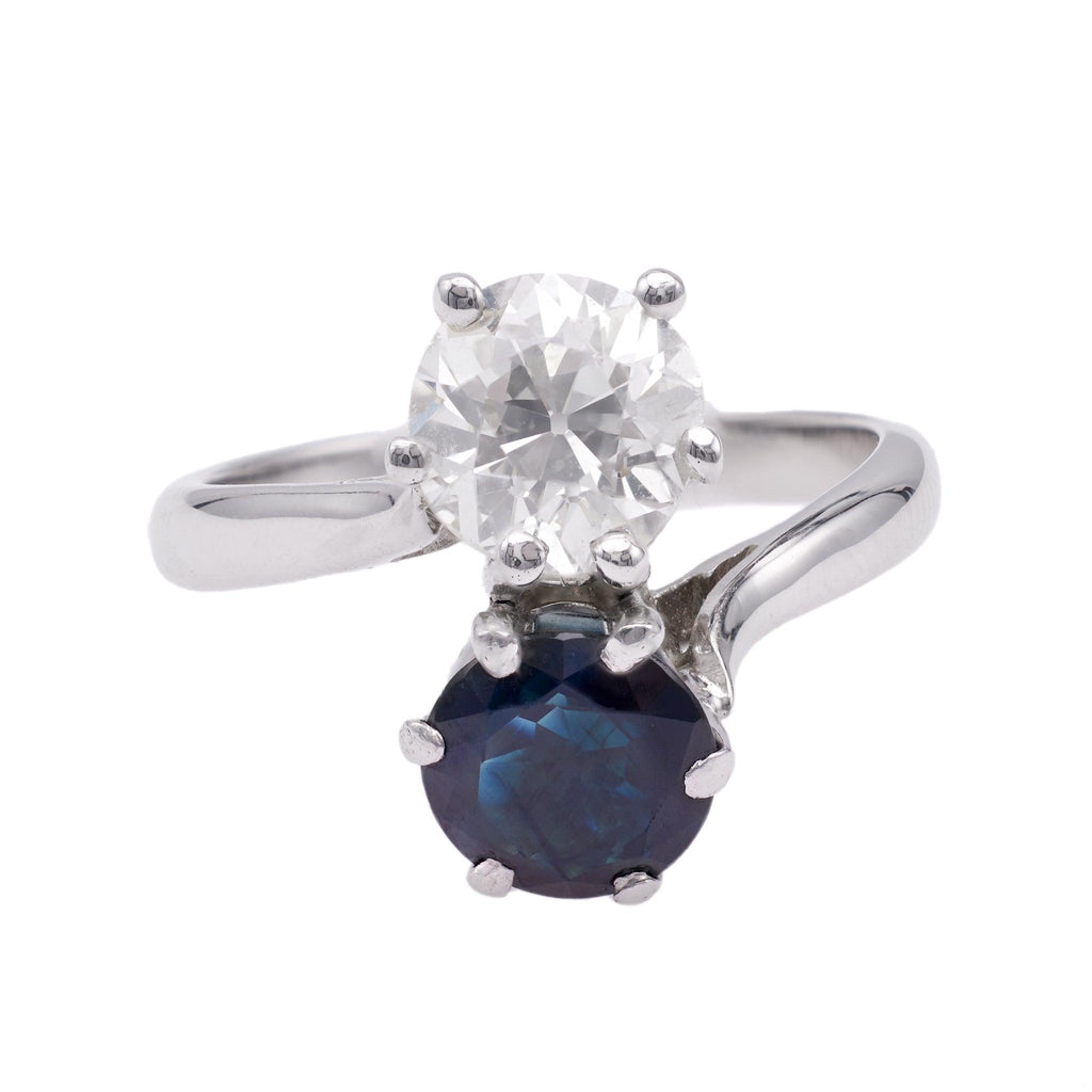 Mid-Century French Diamond and Sapphire 18k White Gold Toi et Moi Ring  Jack Weir & Sons   
