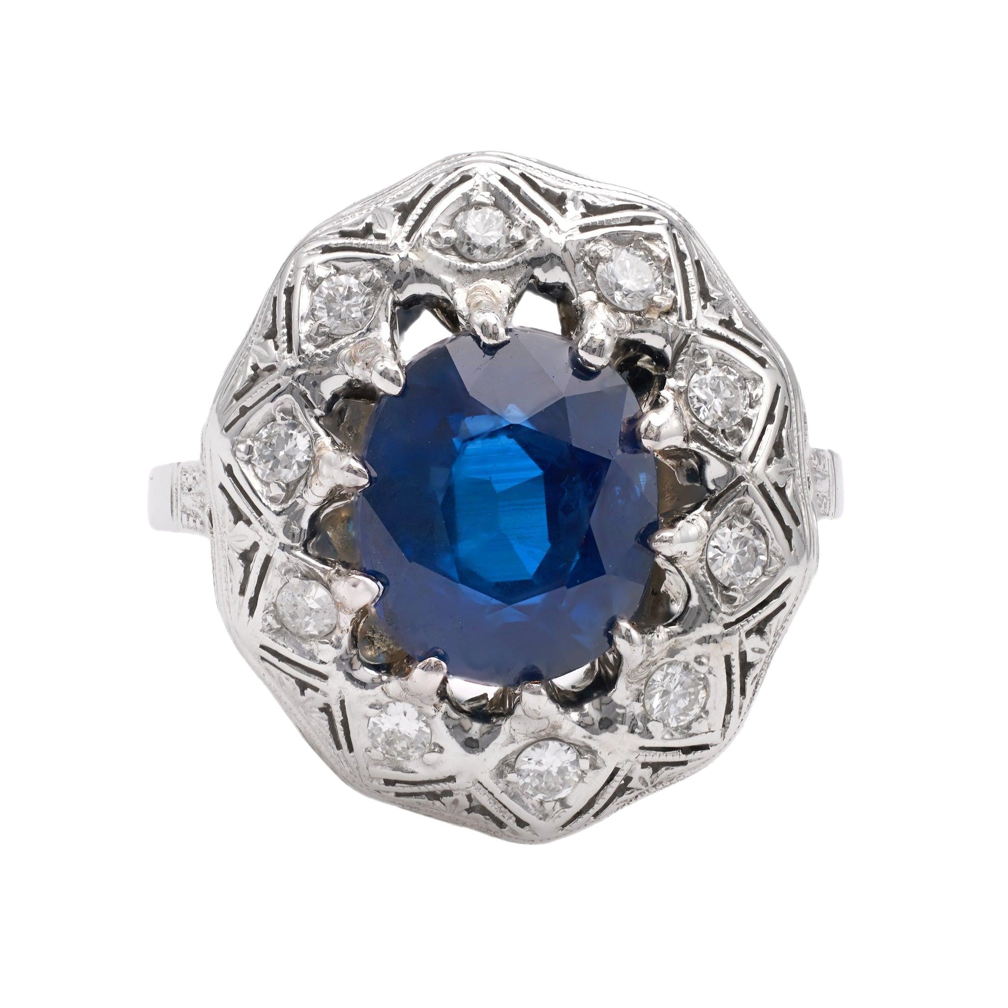 Mid-Century GIA Thai Sapphire and Diamond 18k White Gold Filigree Ring Rings Jack Weir & Sons   